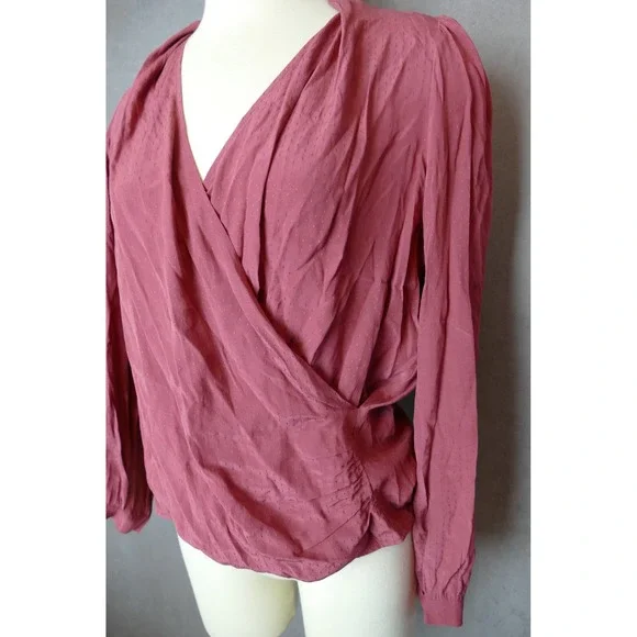 Sezane Abelia Wrap Blouse Top Burgundy‎ Plum Long Sleeve Size 36 Dot Print